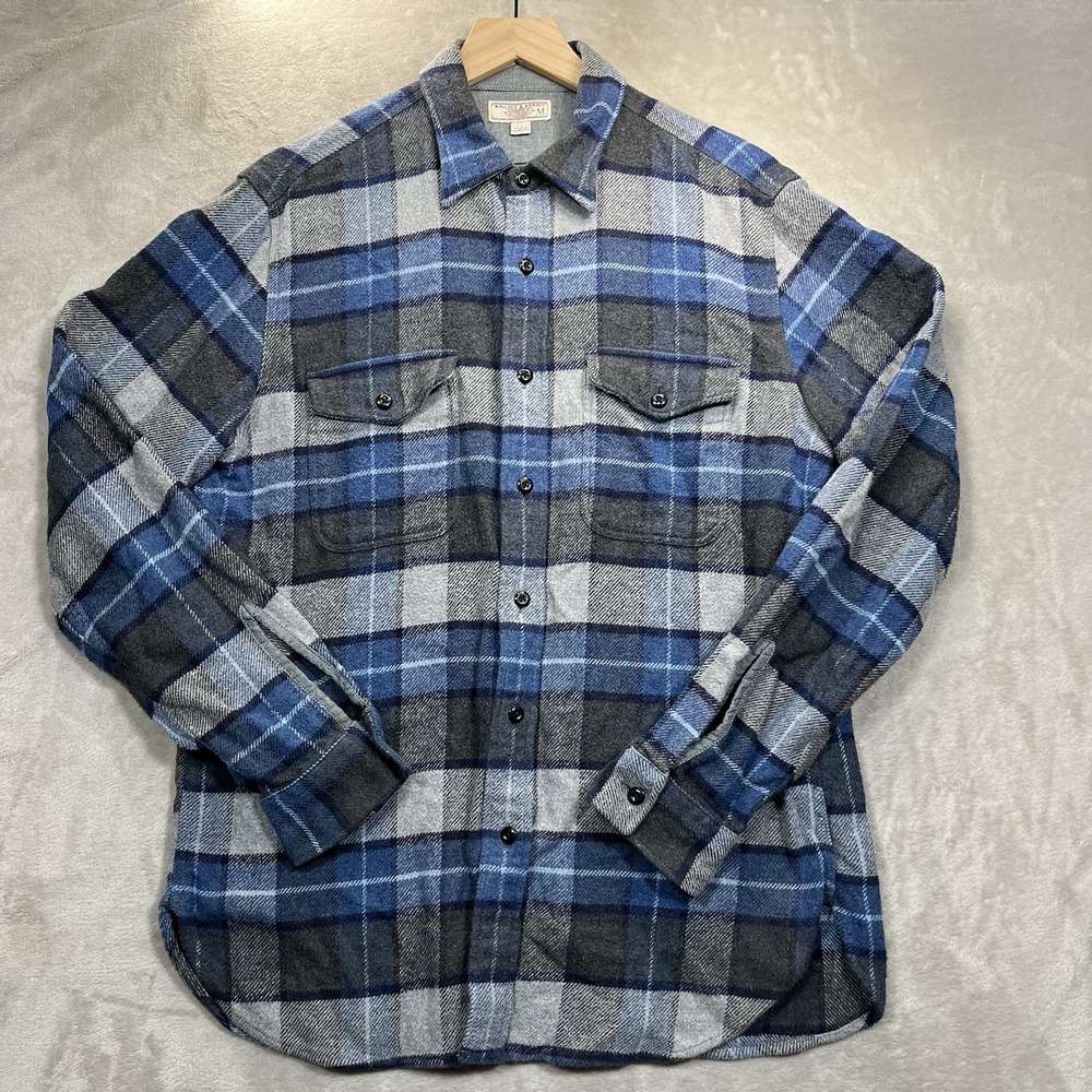 Wallace & Barnes Flannel Shirt Mens Medium Blue Plaid Button Up Long Sleeve